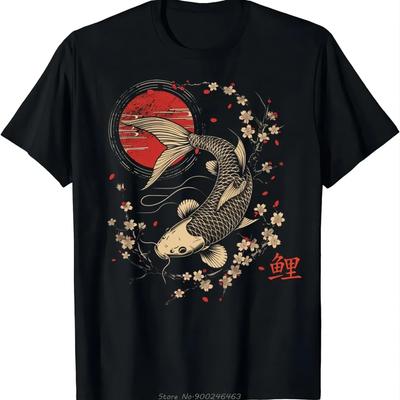 Cherry Blossom Koi Carp Fish Japanese Sakura Graphic Art T-Shirt Fashion O-neck Tops Tees Tshirt Women Fitness T Shirt