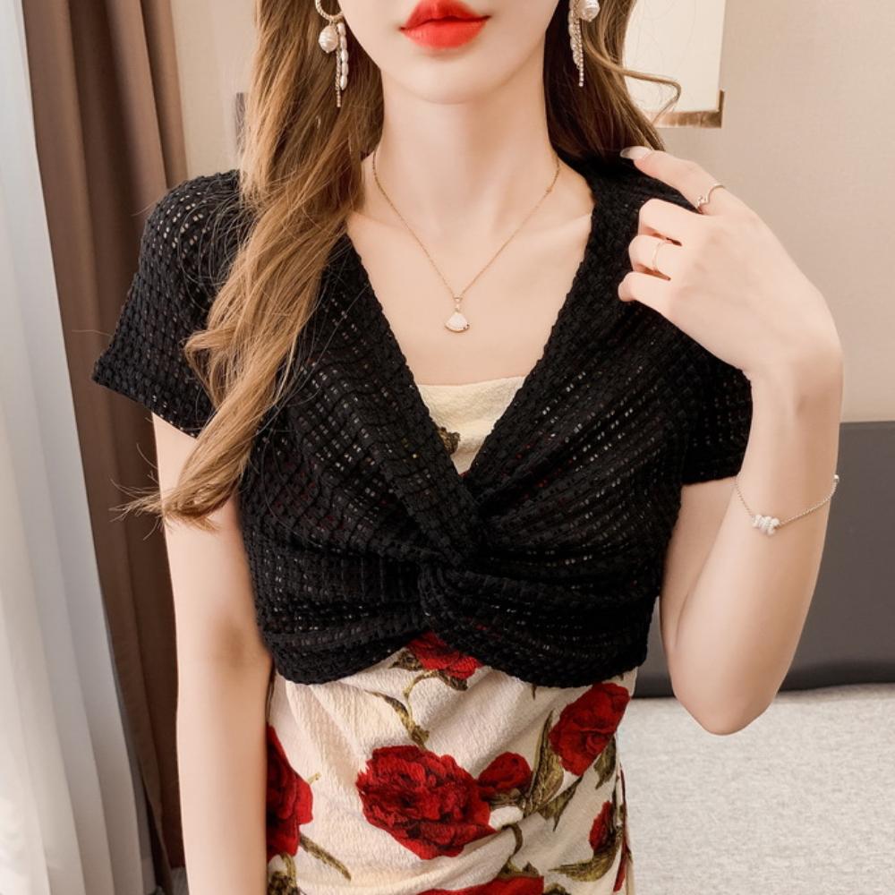 Short Sleeve Mesh Knitted Pullover Top V-neck Sun Protection Shawl T Shirt Beach