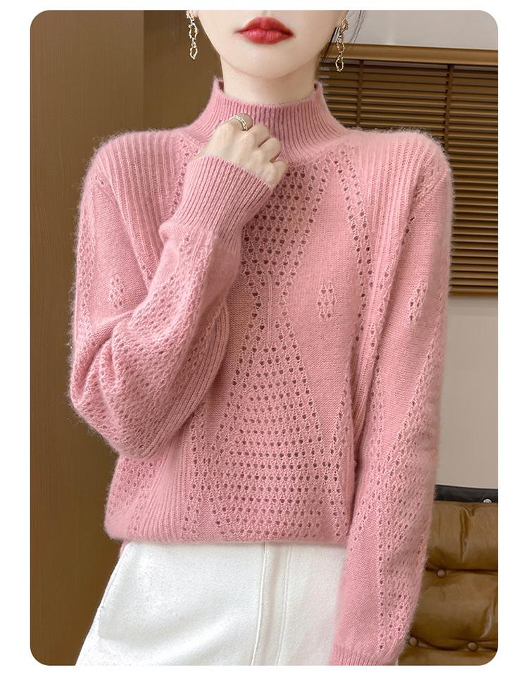 Women's Diamond Lace Wool Sweater - Autumn/Winter Solid Color Knit Top