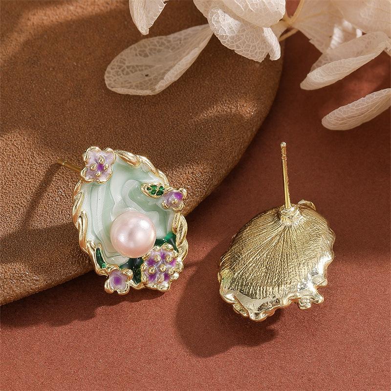 Garden Pearl Earrings - Colorful Glazed Flowers Stud Earrings - Retro-Inspired Pearl Jewelry