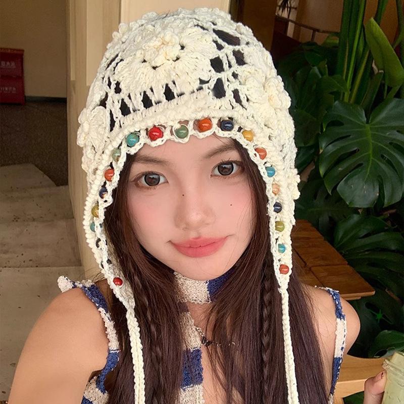 Women's Spring and Summer Retro Ethnic Style Hat Bohemian Flowers Tassel Bag Head Hat Hand Woven Hollow Bag Head Hat