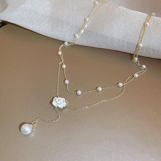Yousheng Ladies Necklace Electroplating Retro Design Flower-shaped Pendant Faux Pearls Adjustable Extension Chain Decorate Hypoallergenic