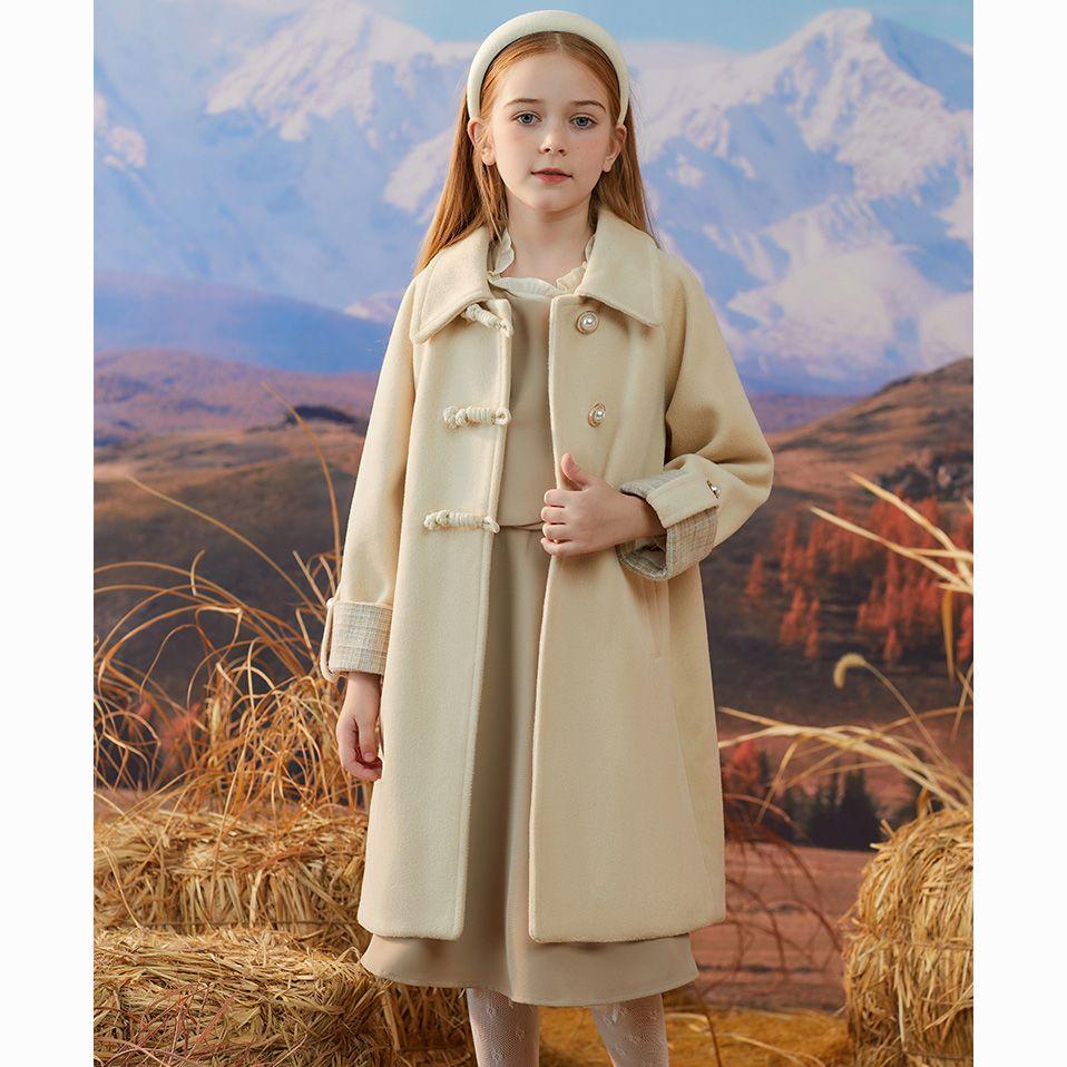 Casaco de Lã Fashion para Meninas para Outono e Inverno Casaco Longo de Lã Acolchoado de Algodão Casual Infantil Bege