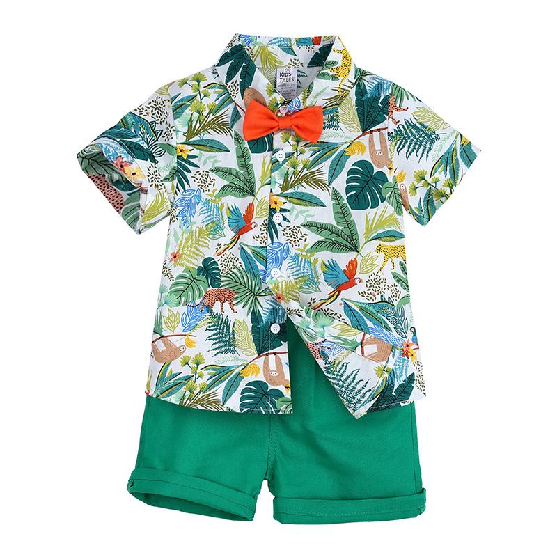 Blumenblatt-Print Kurzarm-Hemd Set für Jungen - Europäischer & Amerikanischer Stil