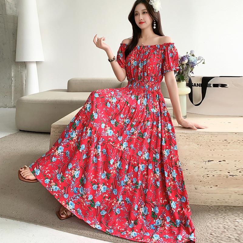 Bohemian Maxi Dress With Elastic Waist For Summer Beach Vacation And Artful Style