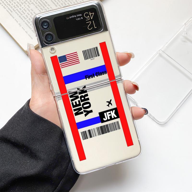 Travel New York Airplane Ticket Art Fashion Case For Samsung Galaxy Z Flip 3 4 5 6 7 Hard Folding Z Flip4 Clear PC Cover Gift