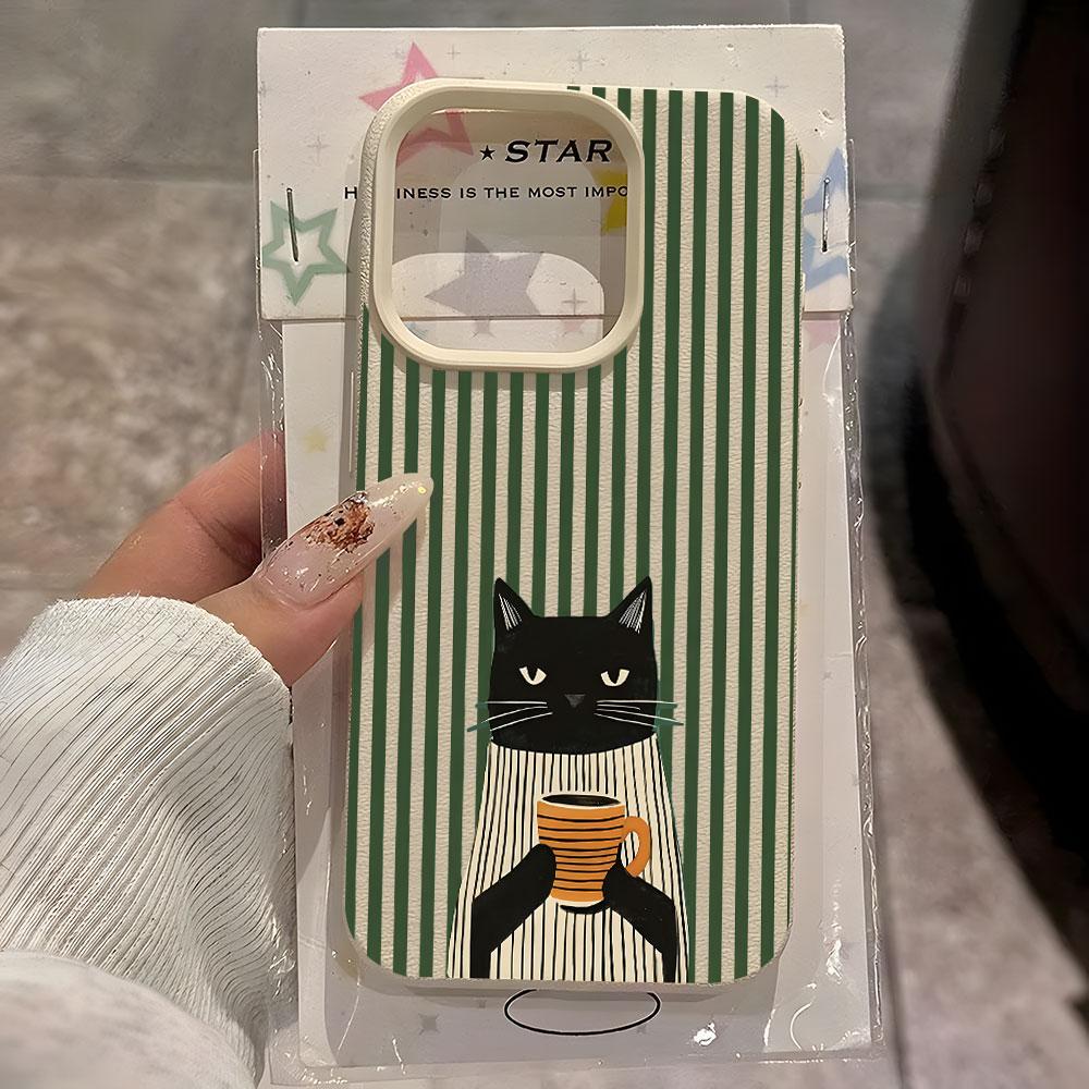 Funny Coffee Cat Pattern Lychee Phone Case For iPhone 18 17 16 15 14 13 Pro Max 15 14 Plus 17 18 Pro Air XS XR Shockproof Cover