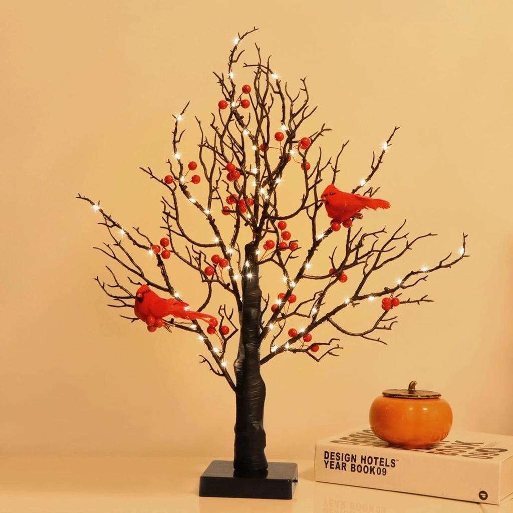 Little Red Bird Tree Light, Christmas Spring Festival Red Fruit Decoration Light, 55 cm LED String Light, Plastic Material, 3
