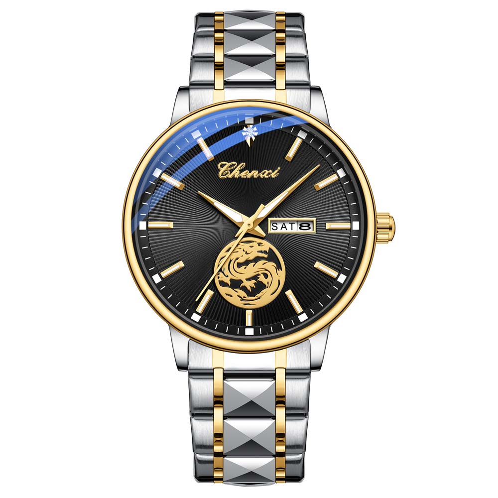 

Роскошные мужские часы с циферблатом с дизайном дракона, деловые, с датой и неделей, кварцевые, водонепроницаемые, кварцевые часы из нержавеющей стали чёрный