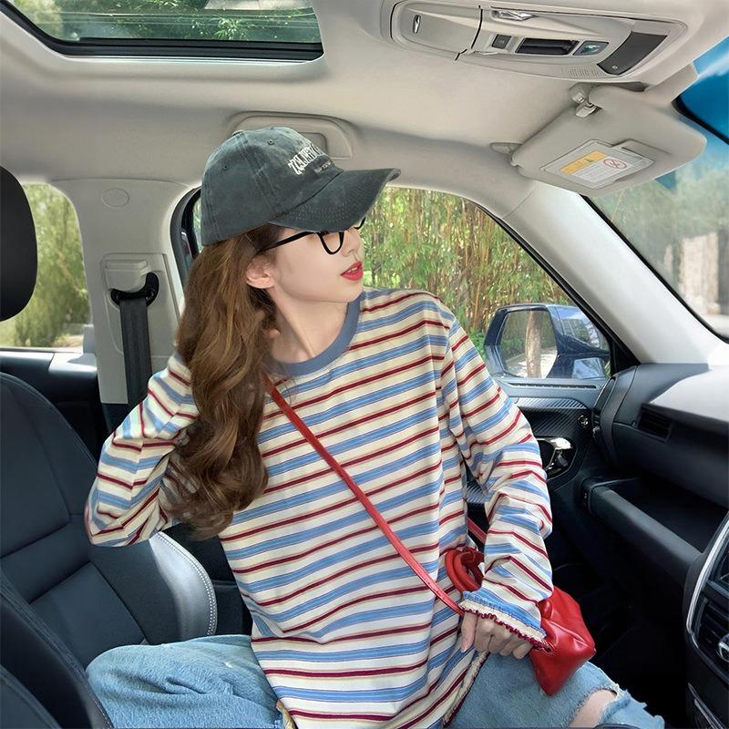 Korean Style Striped Long-sleeved Round Neck Pure Cotton Women's Spring and Autumn Loose Lazy Style Versatile Fashionable Top