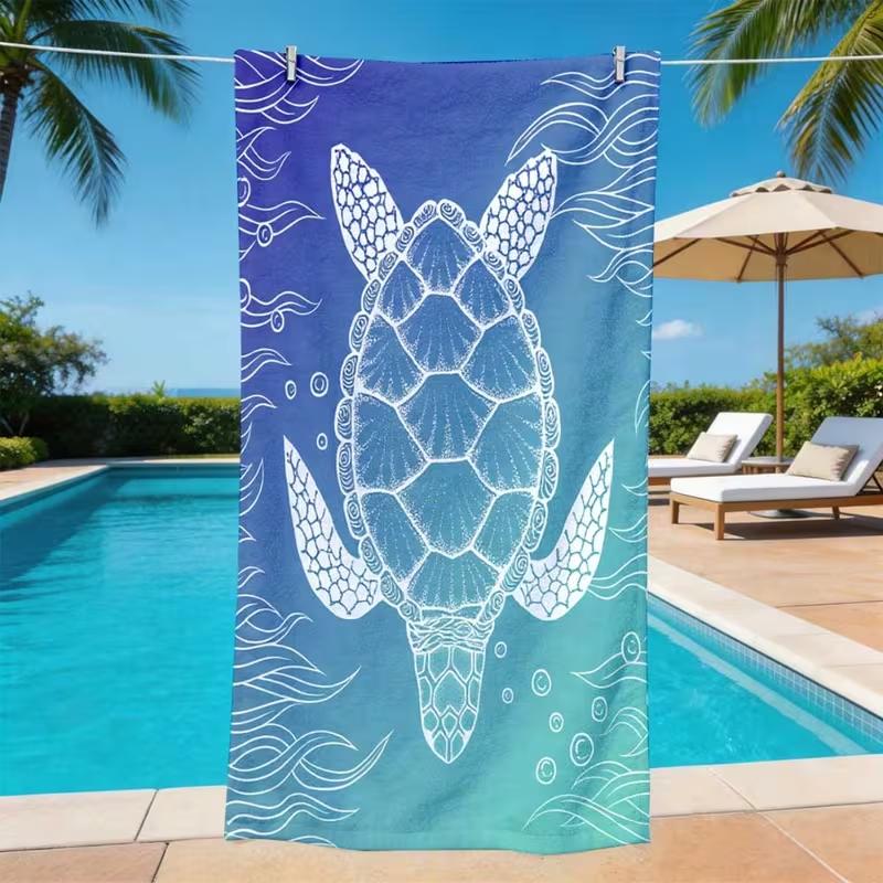 Azzurro Bianco Line Art Tartaruga Marina Delfino Corallo Telo da Spiaggia Asciugatura Rapida Anti-Sabbia Asciugamano Tema Marino Piscina Viaggio