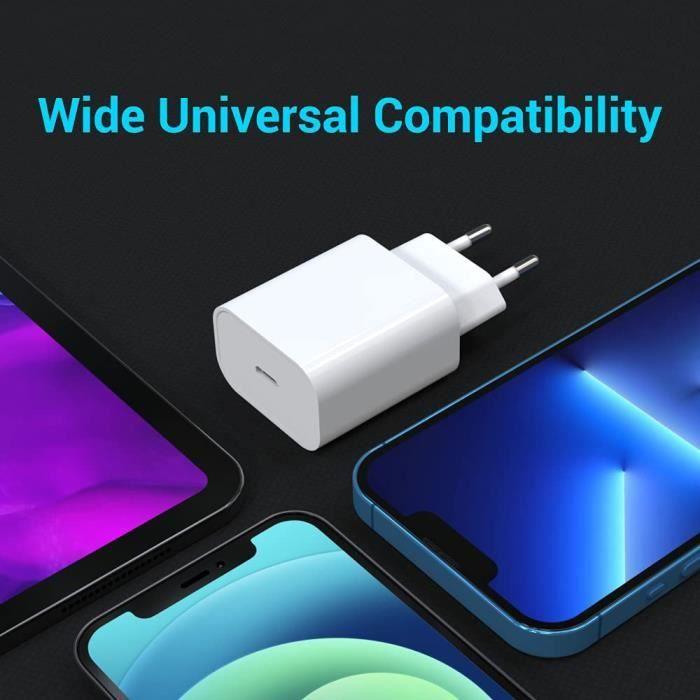 Chargeur Rapide USB-C - E.F.CONNECTION - iPhone 13/14 - Câble 1M - Blanc - Compatible avec plusieurs modèles