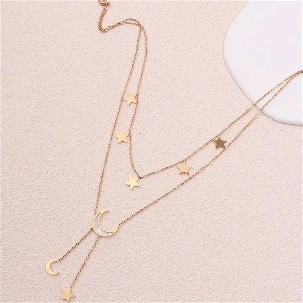 Doppellagige Halskette mit Stern- und Halbmond-Quastenanhänger für Damen, Vintage-Accessoire im Bohème-Stil, Legierung, vielseitig einsetzbar für den Alltag und Partys
