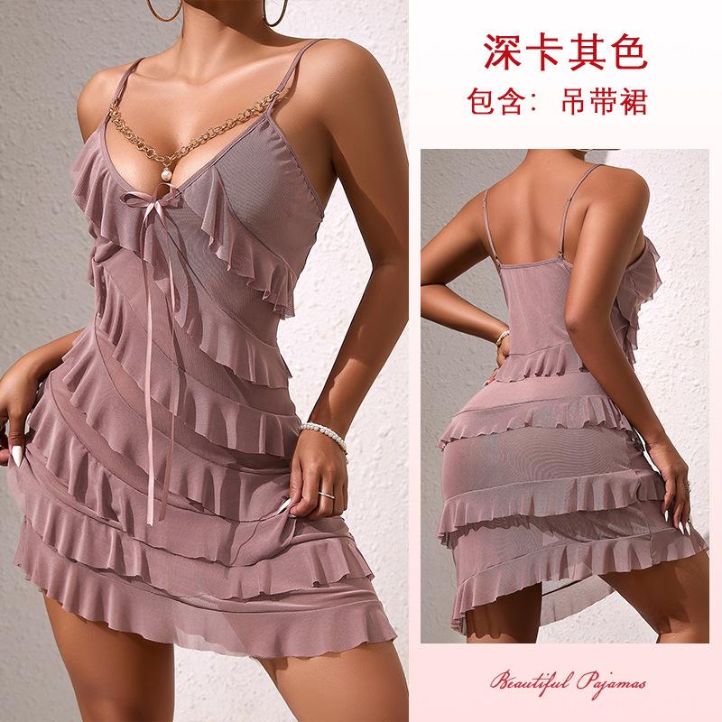 European and American women's chain decorative sexy mesh suspender dress multi-layer ruffle edge hip skirt 891