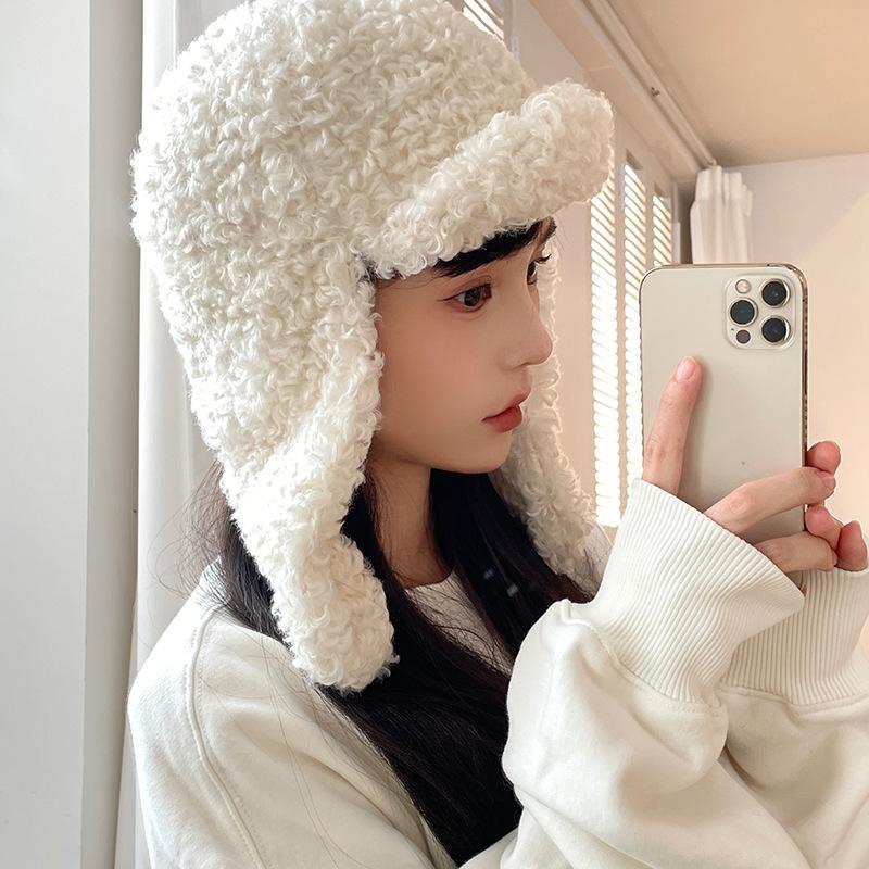 Winter Student Cycling Windproof Lei Feng Hat, Japanese Solid Color Versatile Lamb Wool Thermal Ear Hat Children