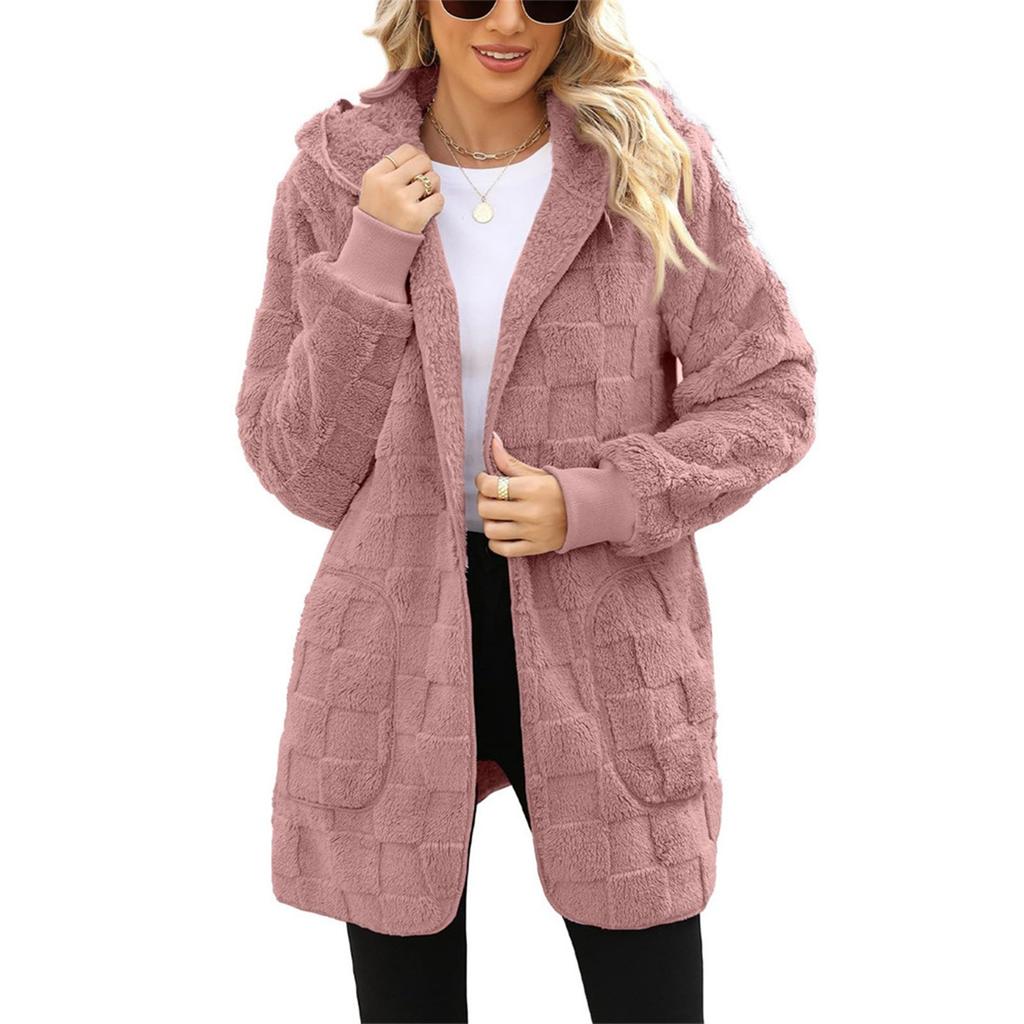 Women's Fashionable Solid Color Long Sleeved Plush Jacket, Casual Hooded Warm Cardigan Jacket With Pockets