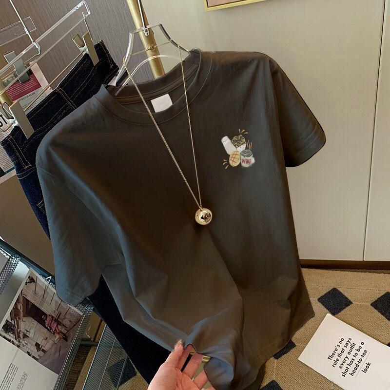 

2025 summer new design sense white cotton short-sleeved t-shirt women s loose and versatile fashion cartoon printed top 3XL