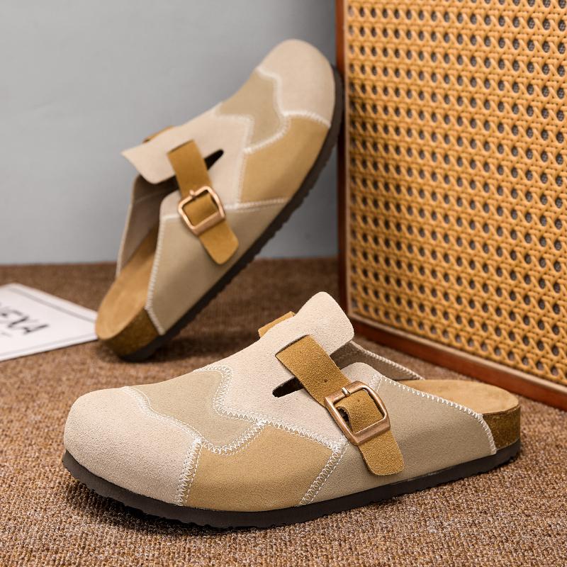 Quality Cow Suede Mules Man Brown Sewing Half Shoes For Man Indoor Platform Men's Cork Slippers Closed-toe Couple Casual Sandals