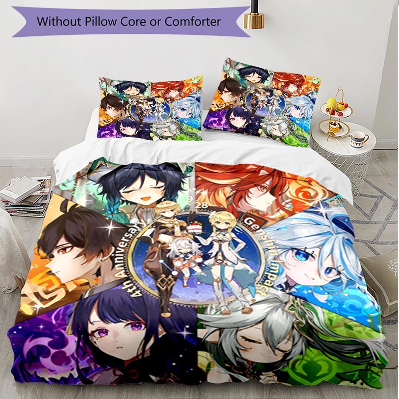 3pcs Duvet Cover Set (1*Duvet Cover + 2*Pillowcase, Without Core), Genshin Impact Print Soft All‑Season Bedding Set, Home Bedroom Decor Gift