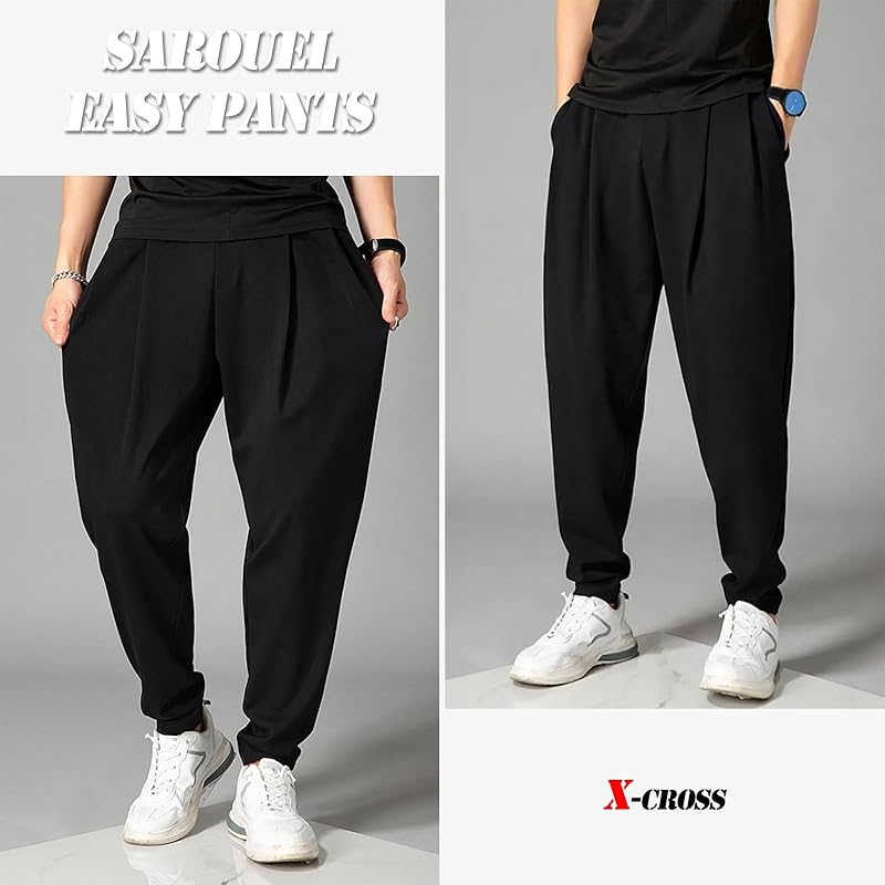 [X-cross] Cross Easy Pants Stretch Men's Relaxing Extend Black Outdoor Street Fashionable Hemmed Room Wear Thin Plain Color Tapered Room Pants Soft