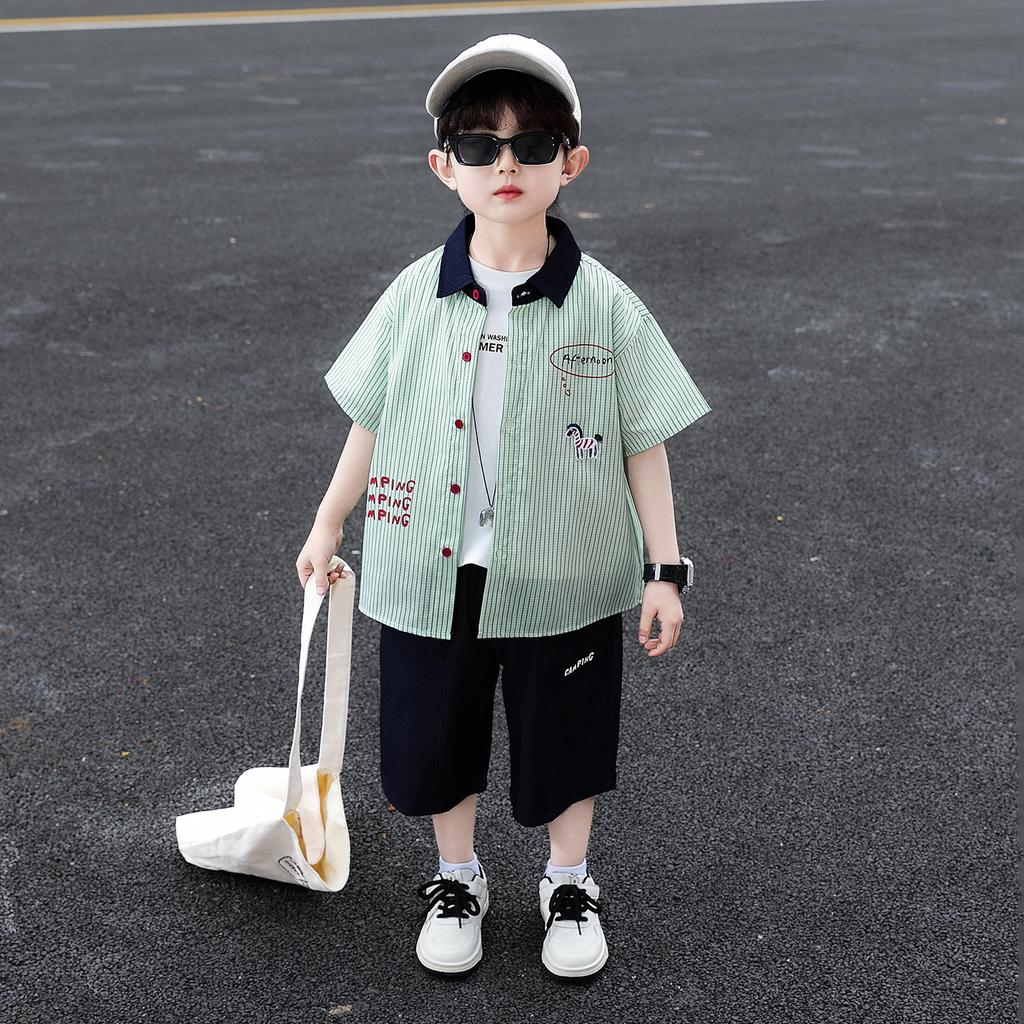 Boys' Shirt Set Summer Thin Edition 2026 New Handsome and Fashionable Baby Summer Clothes Children's Short Sleeve Two Piece Set