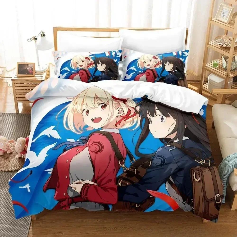 Lycoris Recoil Bettwäsche-Set, Einzel-, Zwillings-, Voll-, Queen- und King-Size-Bettset, Schlafzimmer für Erwachsene und Kinder, Bettbezug-Set, 3D-Anime-Bettlaken-Set