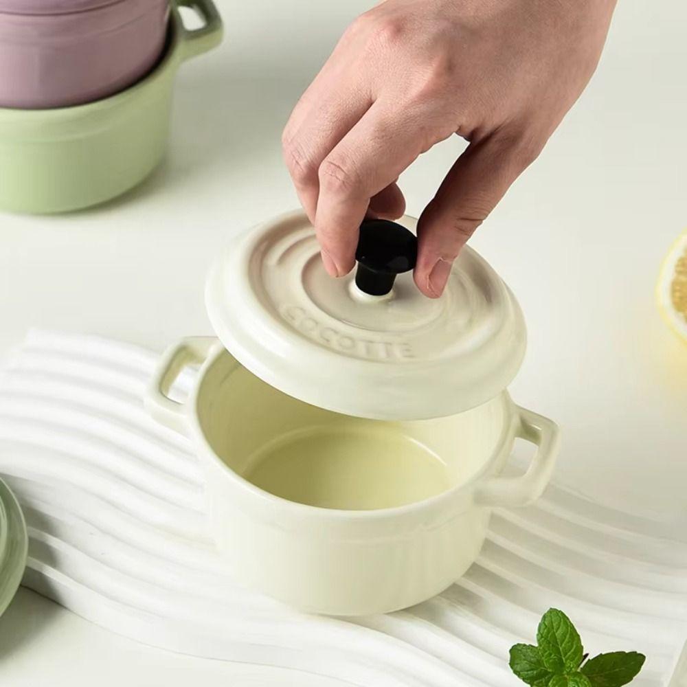 200ml Ceramic Breakfast Bowl Hanging Ears Creme Brulee Bowl Mini Casserole with Lids Household