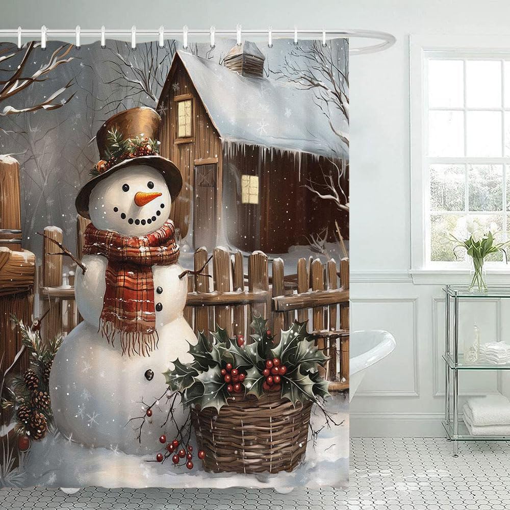 Christmas Snowman Shower Curtain, Winter Snow Trees Rustic Bathroom Dcor, Durable Waterproof Fabric Holiday Shower Curtains