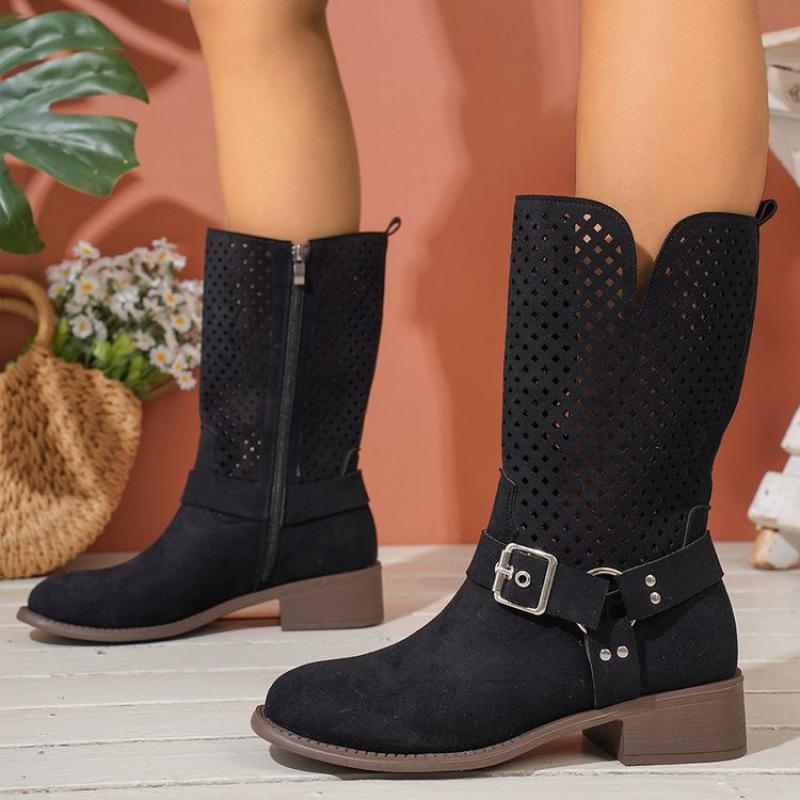 

Осень и зима новые ретро ботфорты на квадратном каблуке с пряжкой в стиле вестерн ковбойский британский стиль рыцарские ботинки повседневные средней длины 42 чёрный