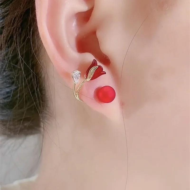 

Серьги-гвоздики с красной розой, модные серьги с искусственным жемчугом и цветком для женщин, вечерние украшения