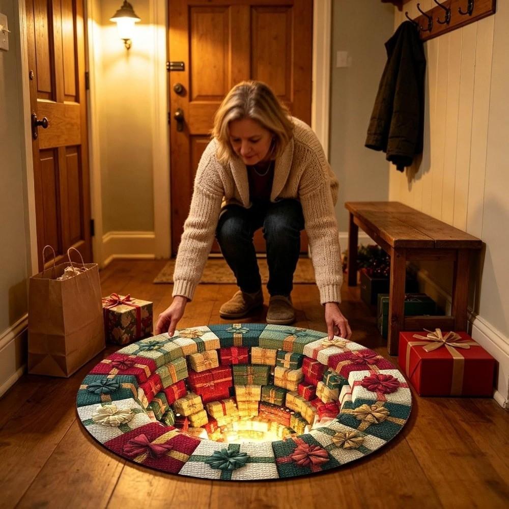 2D Flat Printed 3D Illusion Rug Santa Claus Xmas Home Decor Round Vortex Carpet  Indoor