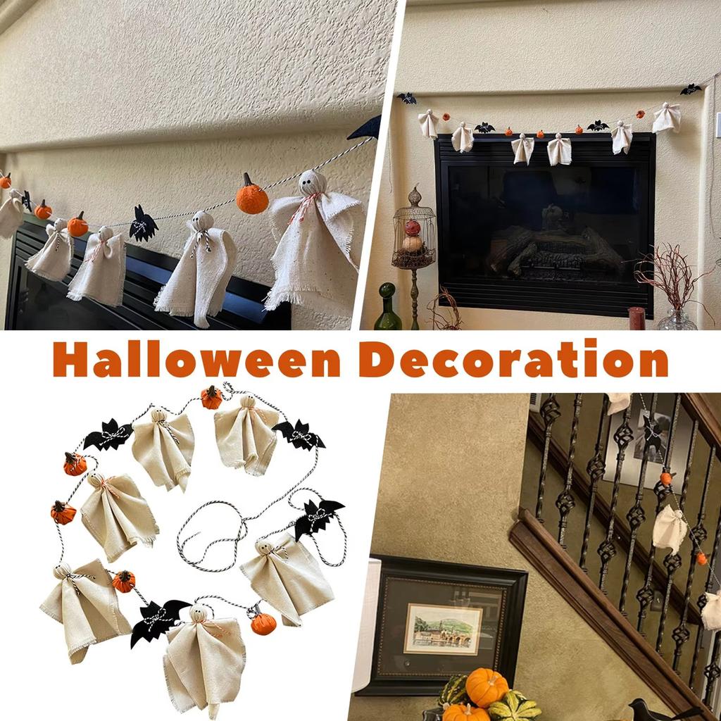Rustic Halloween Ghost Garland Farmhouse Decor Spooky Hanging Banner 280cm Ghosts Theme Party Indoor Outdoor Decorations
