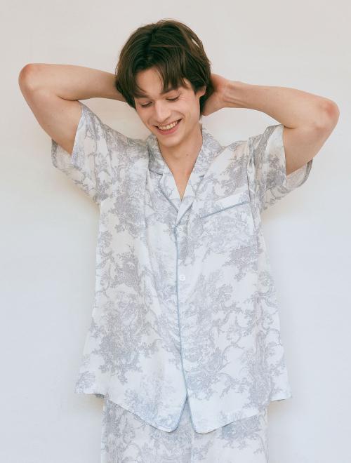 

[LUNALUZ STUDIO] Men s French Toile Rayon Short Sleeve Two-Piece Pajamas [Shipped from Korea] 100% Authentic Blue