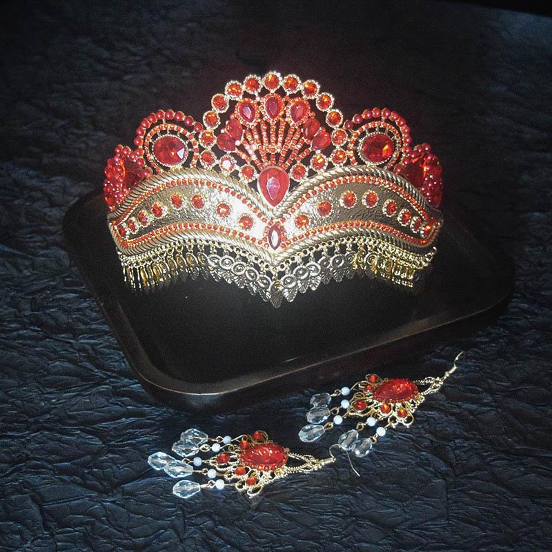 Ethnic Style Dance Luxury Pearl Gold Crown Hollow Design Bridal Wedding Decoration Alloy Crown Earrings