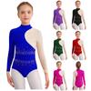 Girls Gymnastics Dance Performance Leotard Mock Neck Long Sleeves Sparkly Rhinestones Color Block Bodysuit