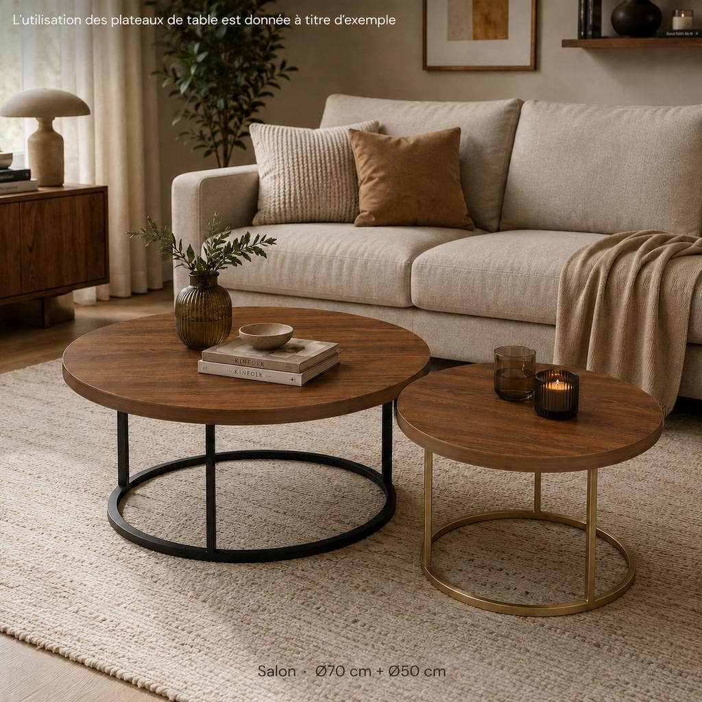 2-Piece Set Round Table Tops, Walnut Wood Look, diameter 70 cm Dining Table Top + diameter 50 cm Side Table Top, Table Top Only