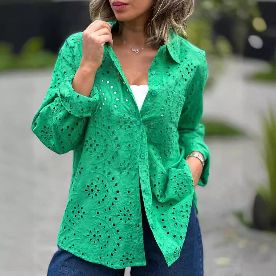 Spring/Autumn Season Pure Color Shirt Collar Loose Embroidery Hollow Large Size Women's Shirt Top