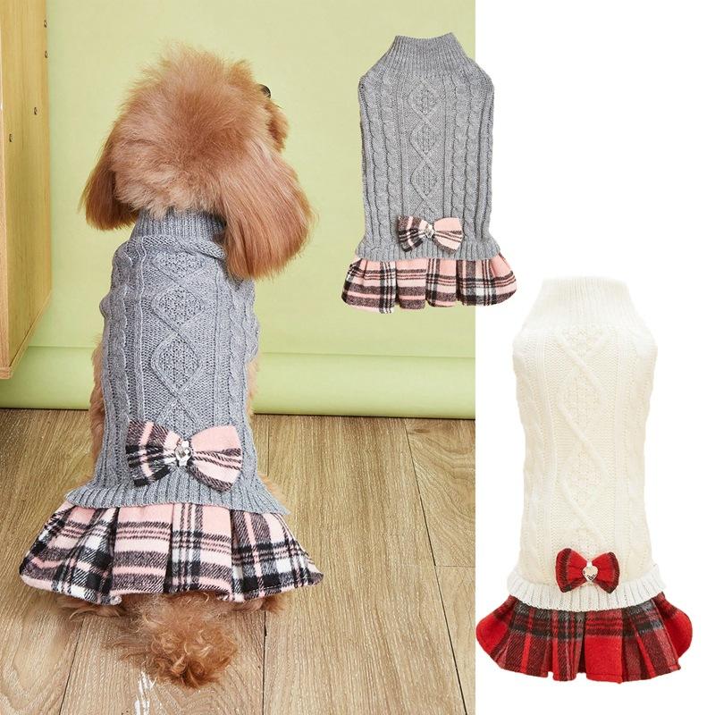 New Solid Elegant Pet Clothes White and Gray Knitted Sweater Tweed Skirt Two-Piece Set for Dogs Cats Breathable & Lightweight