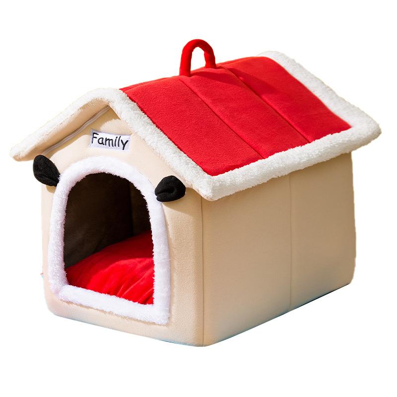 Contrast Color Splicing Crayon Small White Red Roof House Nest Small Dog Cat Autumn and Winter Warm Dog House Cat Nest Pet Supplies