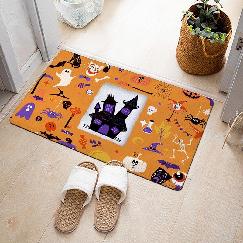 Halloween Theme Door Mat With Pumpkin Black Cat Ghost Bat Witch Hat Castle Patterns Fun Cartoon Decorative Entryway Rug