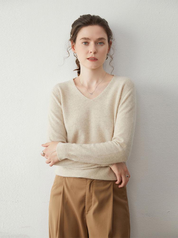 Women's V-Neck Loose Cashmere Sweater, Warm Knitted Pullover, Solid Color, Versatile & Trendy.