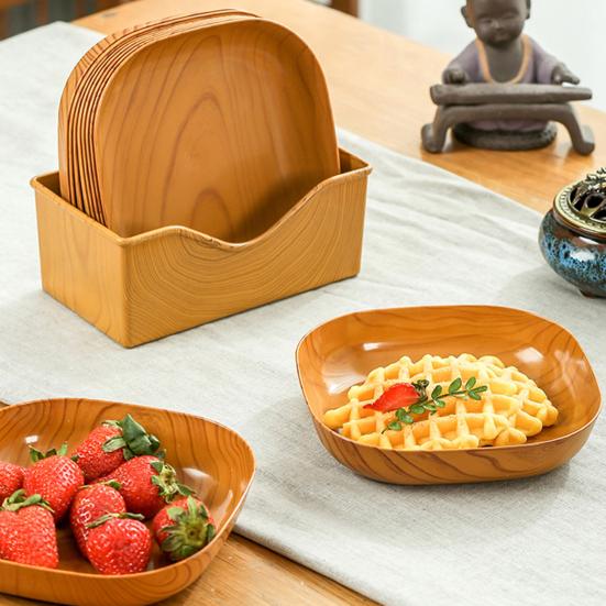 Bone Spitting Dish Imitation Wood Grain Serving Trays Japanese-Style Plastic Fruit Bowl Stackable Salad Tray Kitchen Organizer