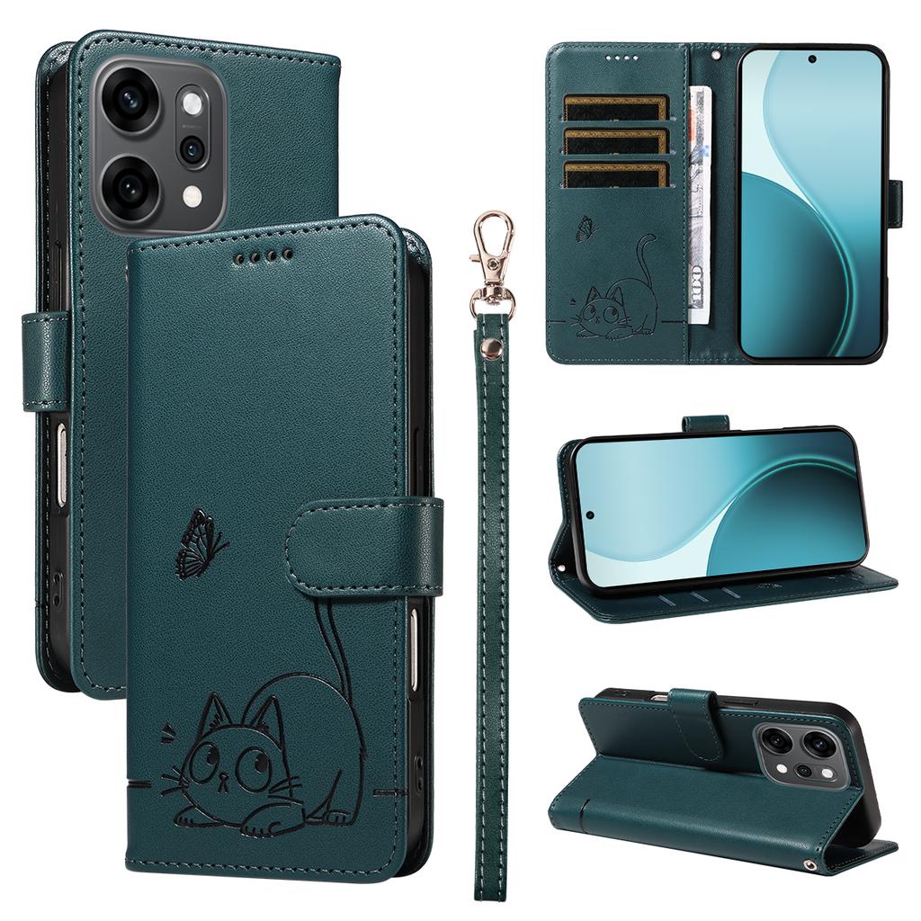 For Oppo Reno14 Pro 5G (China)/Oppo Reno14 Pro 5G (Global) Case Cat Pattern Imprint Leather Phone Cover with Wrist Strap