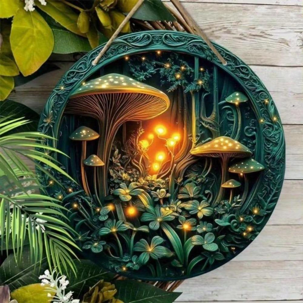 Metal Wall Art Forest Mushroom Pattern Round 2D Decor Dream Design