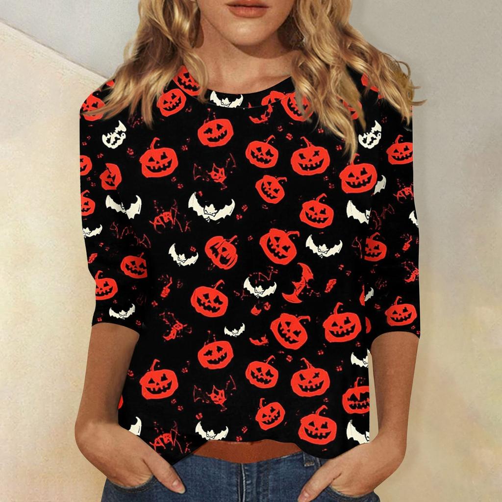 Women's Fashion Casual Round Neck 3/4 Sleeve Loose  Printed T-Shirt Ladies Top