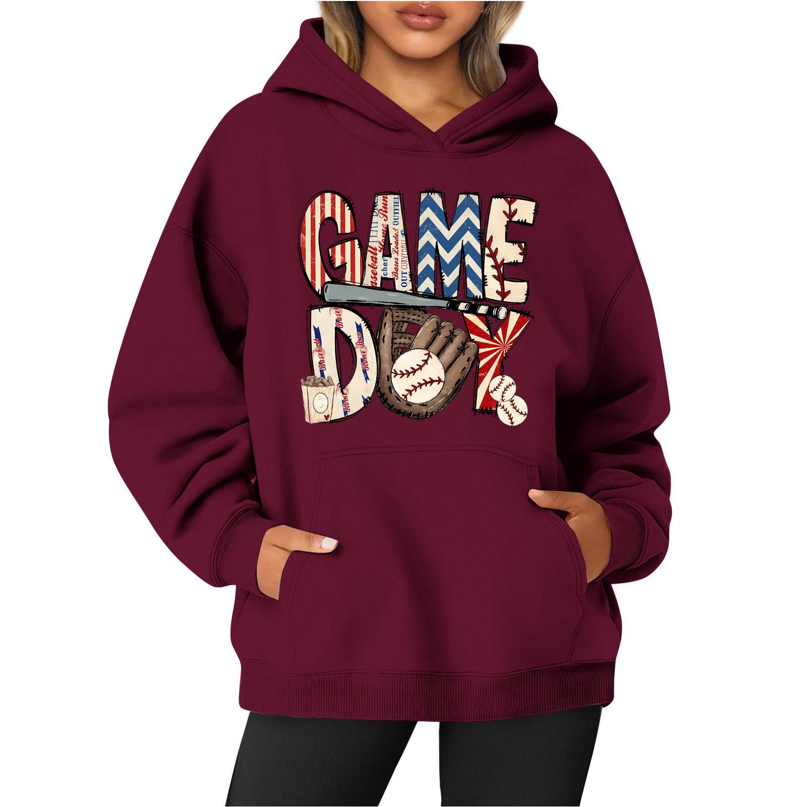 

Women s Round Neck Long Sleeve Baseball Print Top Hoodie XXL винний