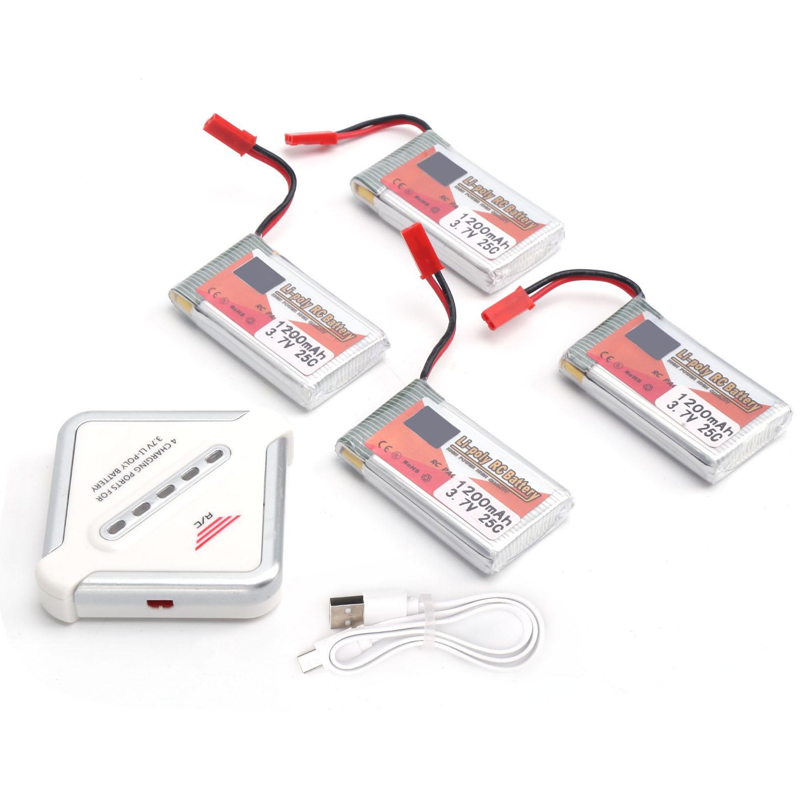 

4pcs 3.7V 1200mAh 25C Rechargeable Lipo Battery Pack with JST Plug and 4in1 Charger for RC Cars