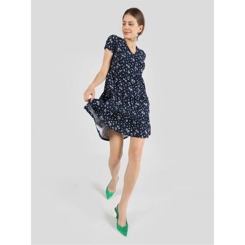

Export Export OEM Goods Tail Goods Small Flowers and Plants Printed V-neck Women s A- line Large Hem Stretch Short Sleeve Slim Looking Dress Navy XS