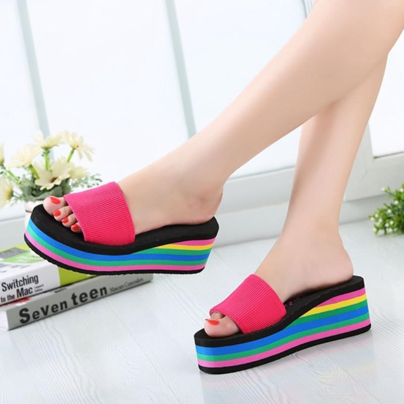 Dámské pantofle Módní Nové Cukrovinkové barvy Pantofle na klínku Protiskluzová silná podrážka Korejské Venkovní Plážové pantofle Chanclas Mujer