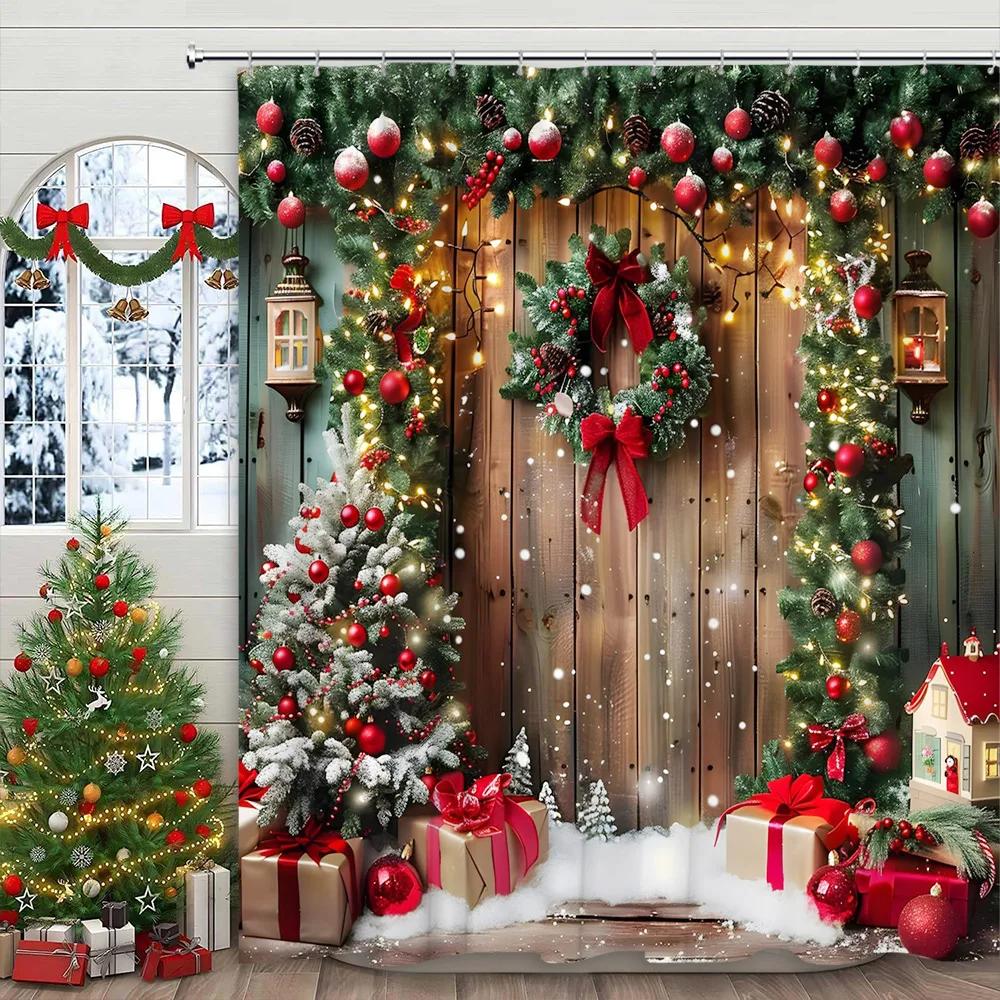 Christmas Shower Curtain Winter Holiday Farm Mantel Stockings Gifts Rustic Pine Home Polyester Fabric Bathroom Decor Curtain Set